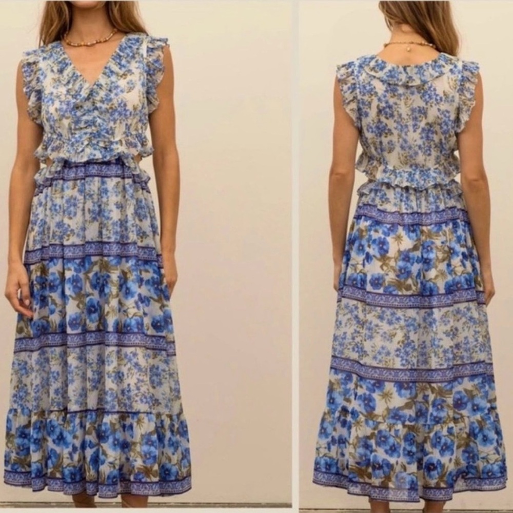 Moon River Blue and White Floral Maxi Dress